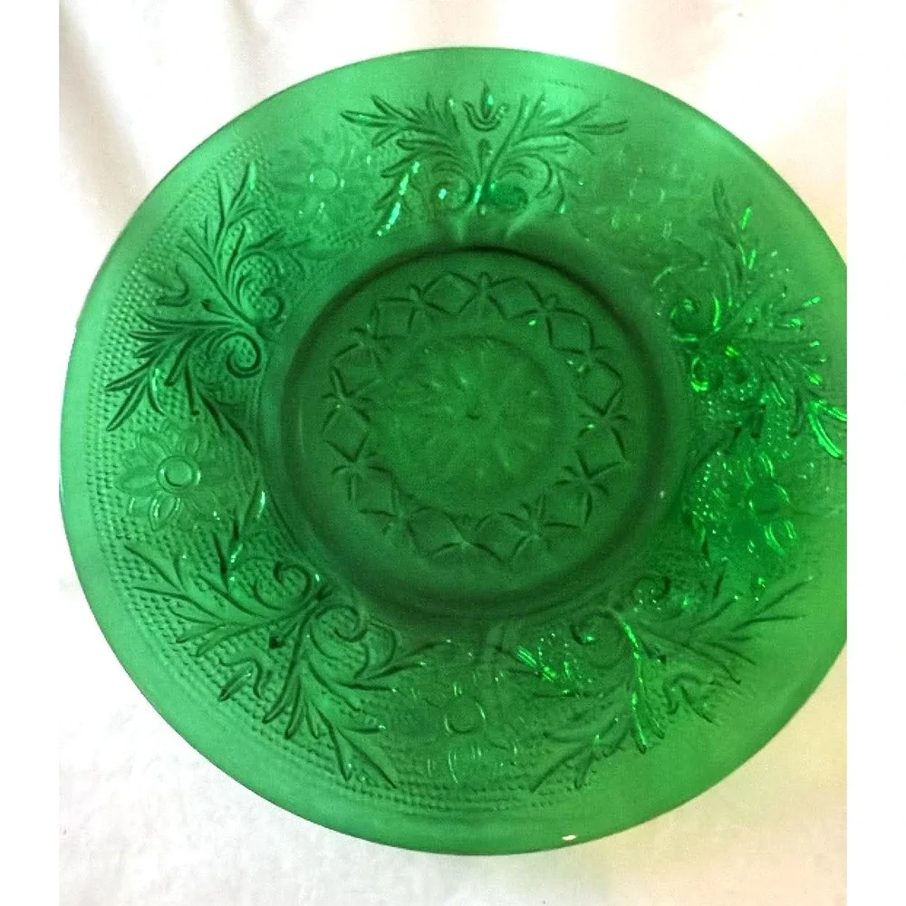 Tiara Anchor Hocking Glass Set 4pc Green Vintage Sandwich Fruit Dessert Pattern